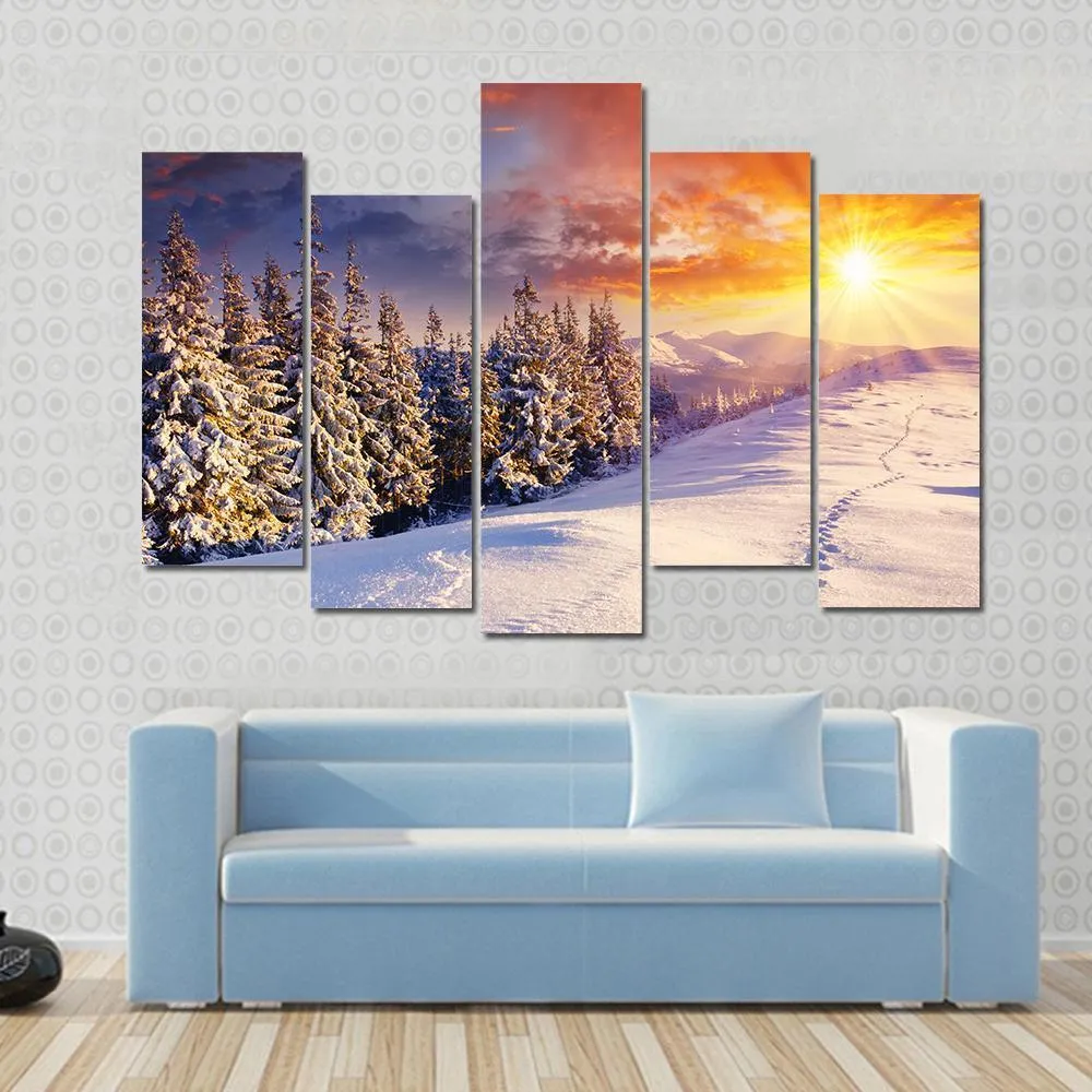 Majestic Sunset In Winter Mountain Canvas Wall Art