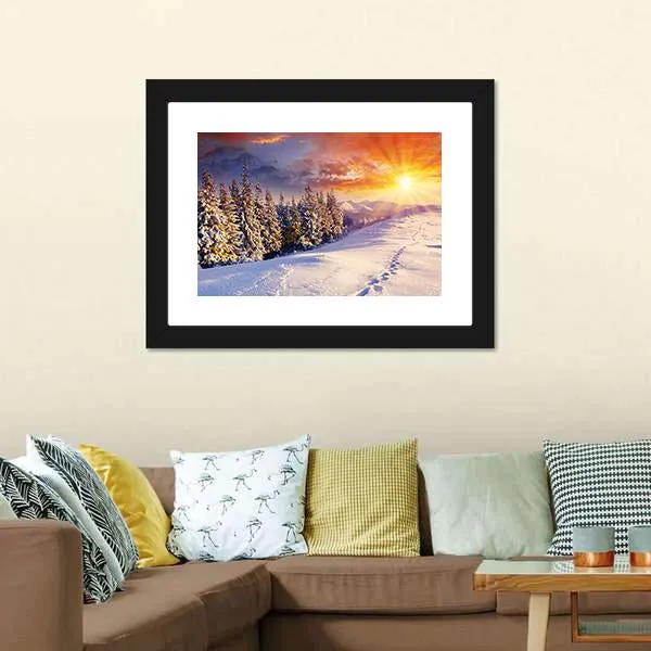 Majestic Sunset In Winter Mountain Canvas Wall Art