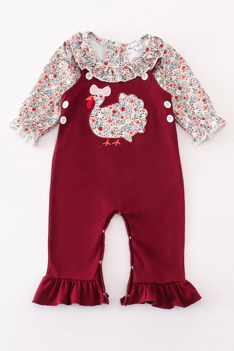 Maroon thanksgiving turkey applique floral girl romper set