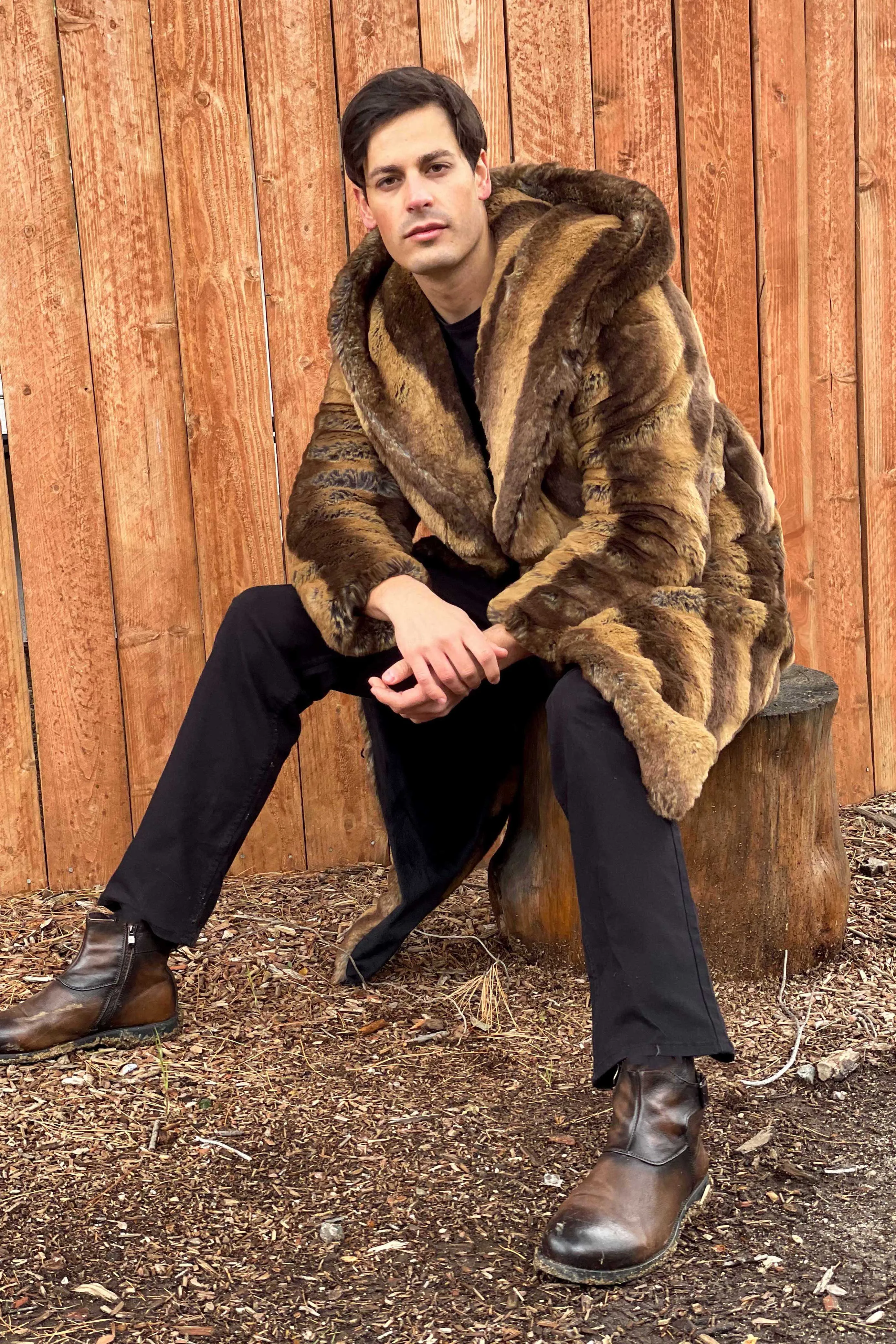 Men's Desert Warrior Coat in "Brown Tan Stripe" Chinchilla