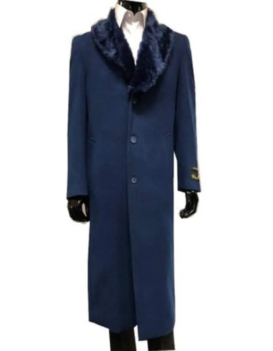 Mens Overcoat - Topcoat For Men - Winter Fabric - Mens Wool Overcoat With Fur Collar Full Length 48 Inches Blue Color - Navy Blue Topcoat