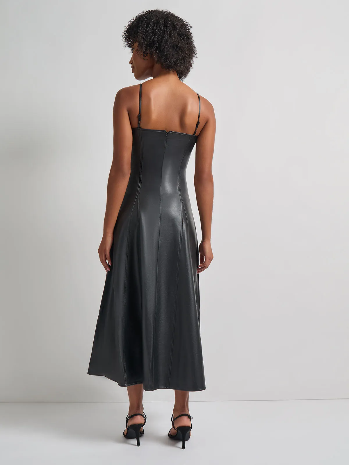 Modern Fit-and-Flare Vegan Leather Princess Seam Maxi Dress