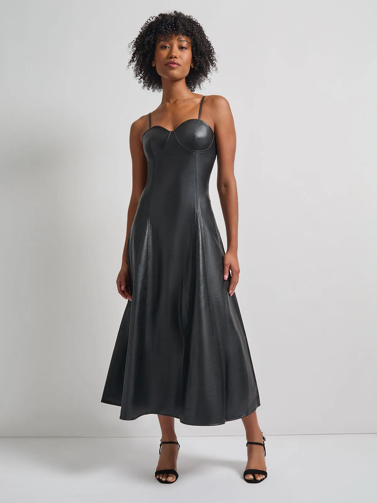 Modern Fit-and-Flare Vegan Leather Princess Seam Maxi Dress