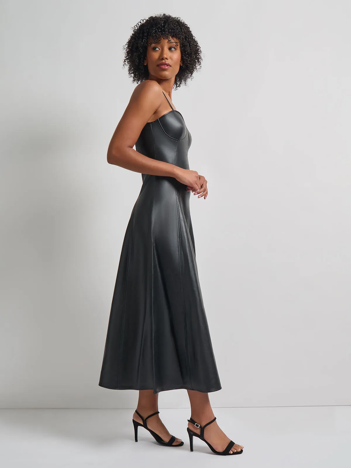 Modern Fit-and-Flare Vegan Leather Princess Seam Maxi Dress