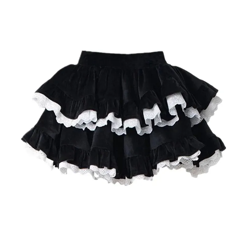 MQTIME  -  Black Velvet Ball Gown A-line High Waist Mini Women Skirt with Lace Gothic Style Pleated Skirts Korean Fashion Clothing