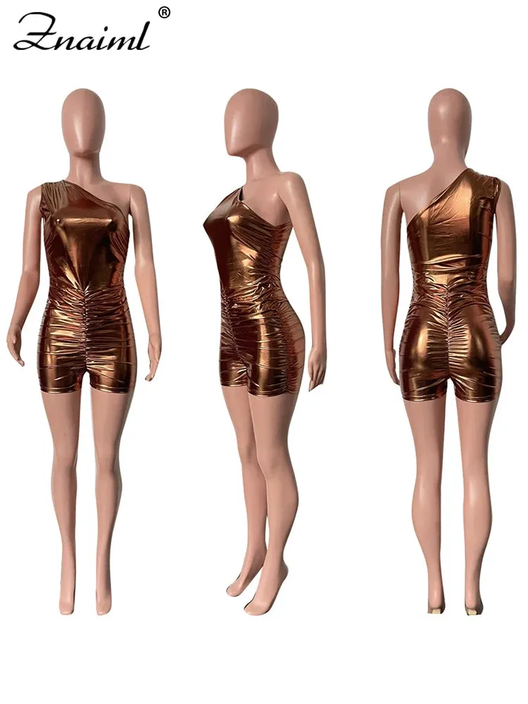 One Shoulder Shiny Bodycon Romper