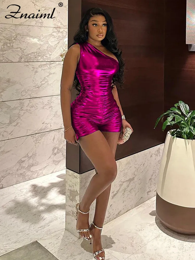 One Shoulder Shiny Bodycon Romper