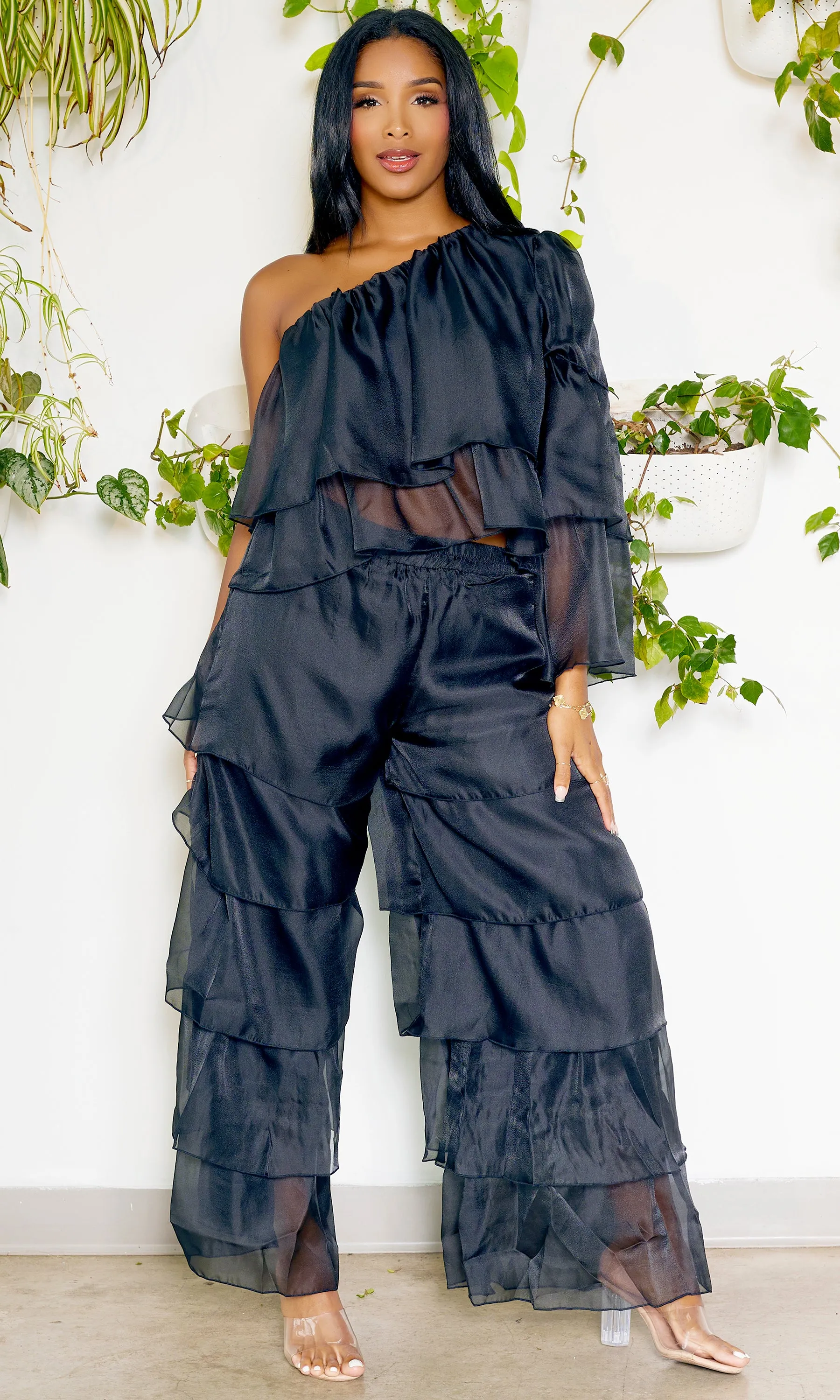 One Shoulder Tiered Organza Set | Black FINAL SALE