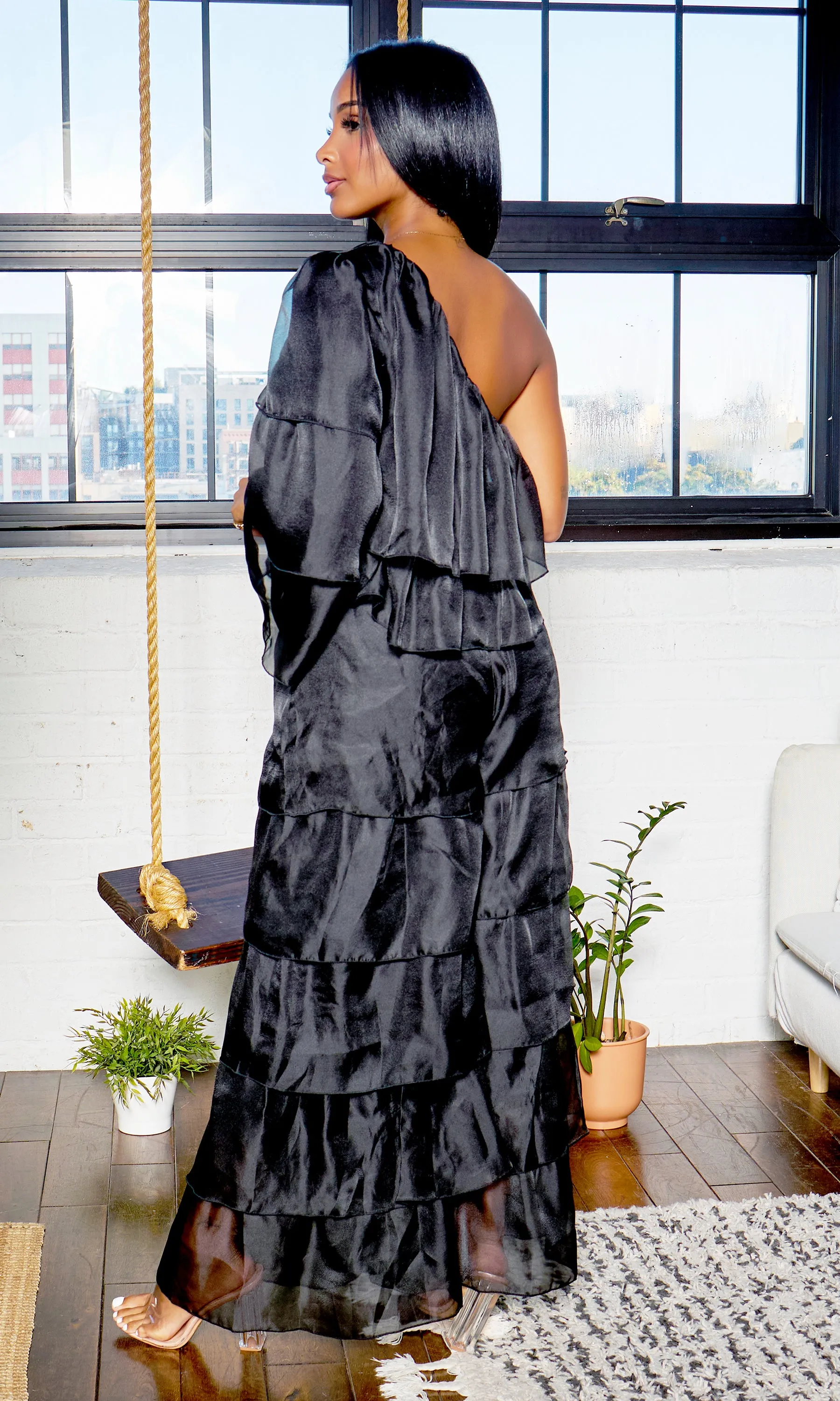 One Shoulder Tiered Organza Set | Black FINAL SALE