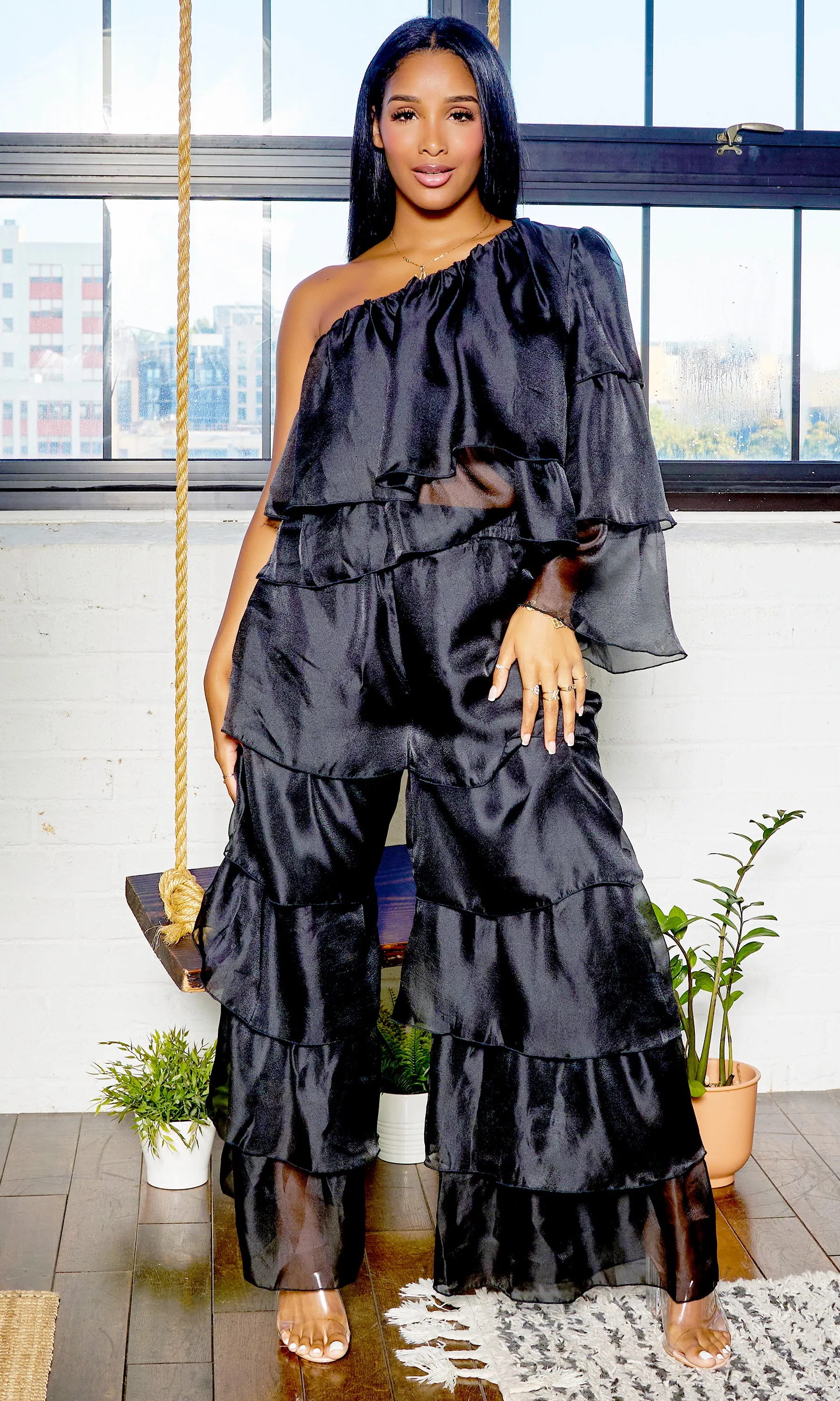 One Shoulder Tiered Organza Set | Black FINAL SALE