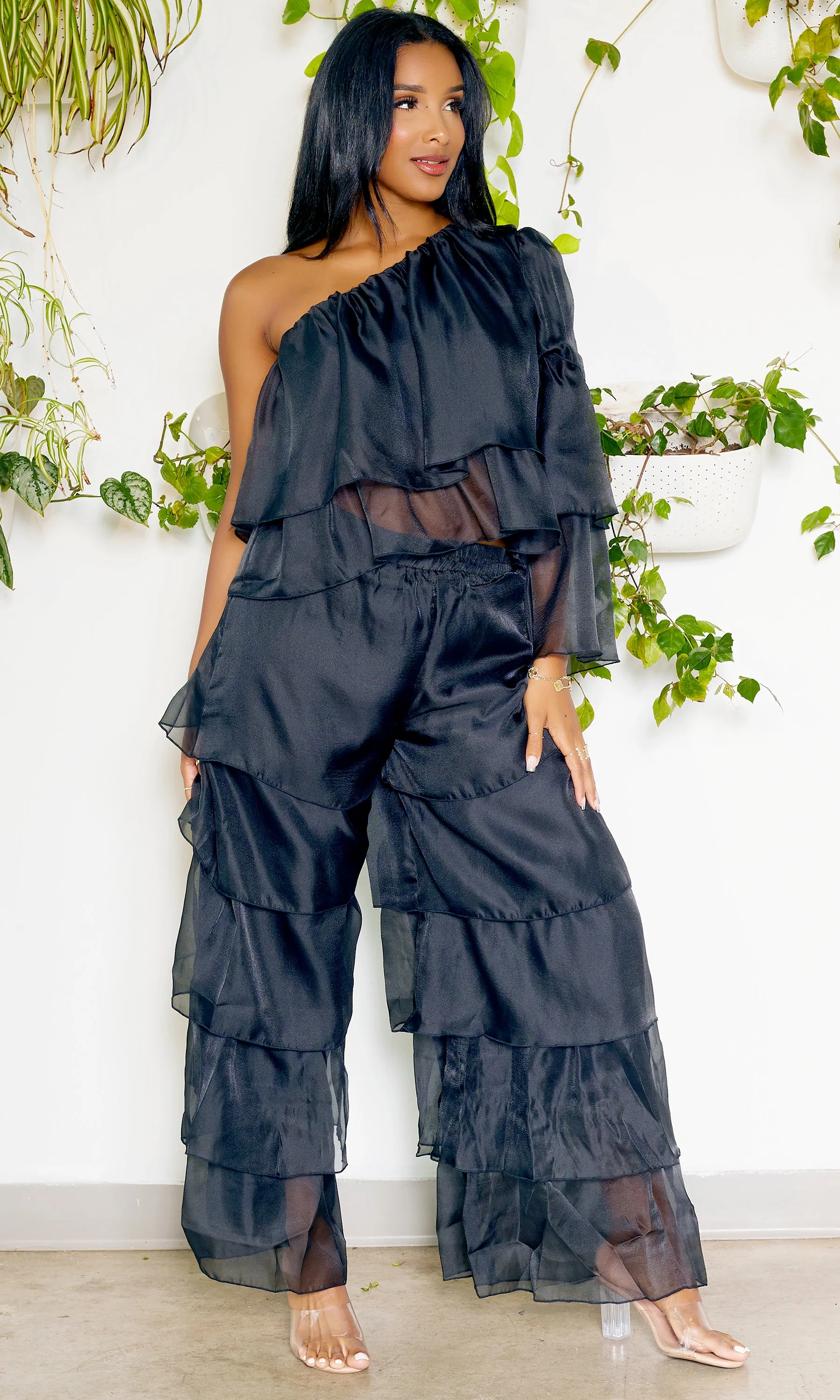 One Shoulder Tiered Organza Set | Black FINAL SALE