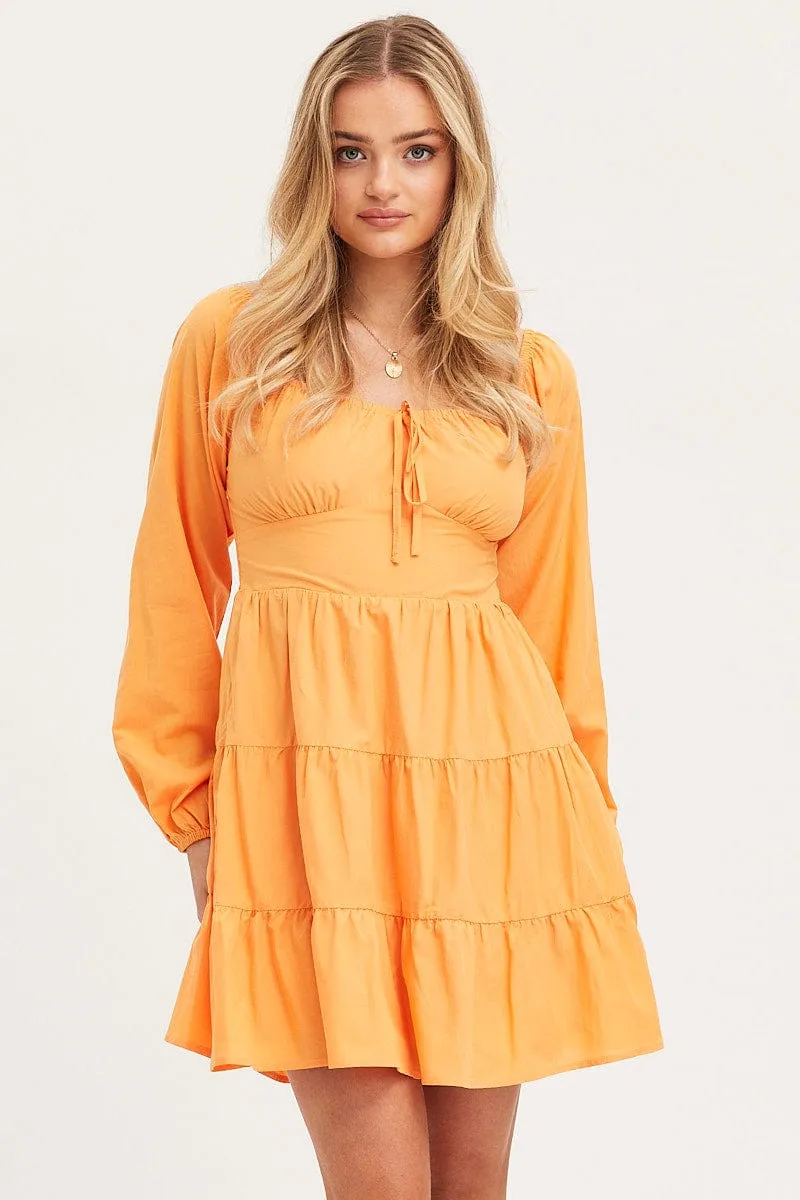 Orange Fit And Flare Dress Long Sleeve Square Neck