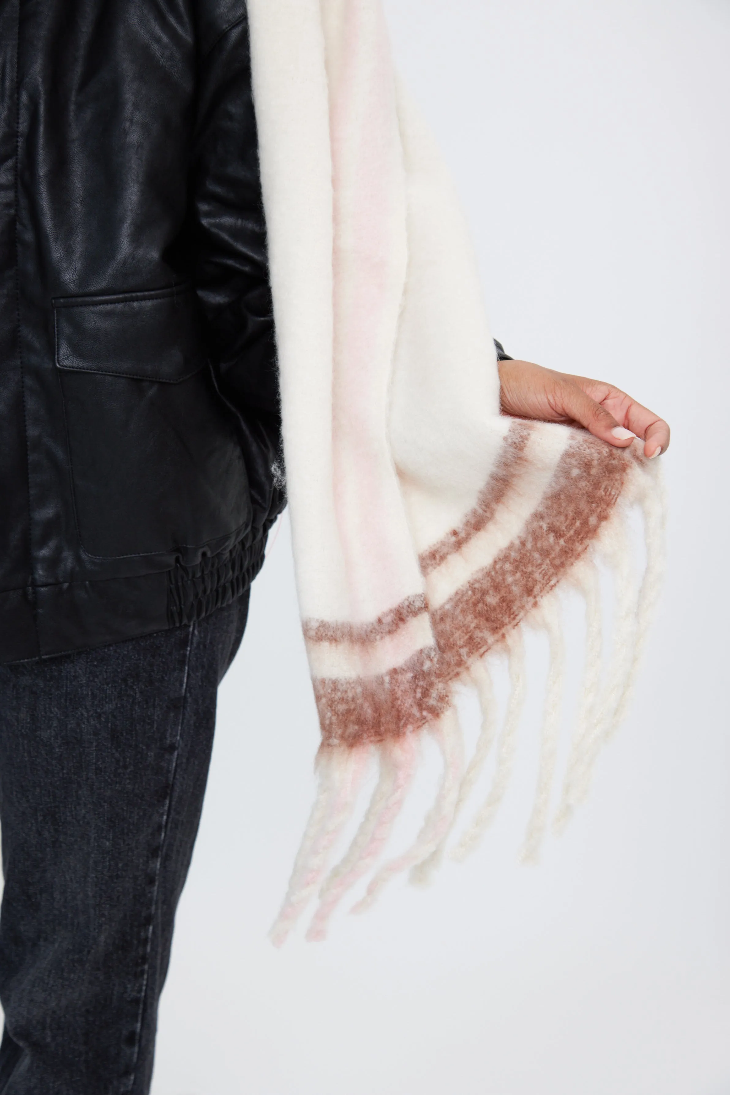 Oversized Chunky Blanket Scarf with Stripe Detail in Cream, Brown and Pink