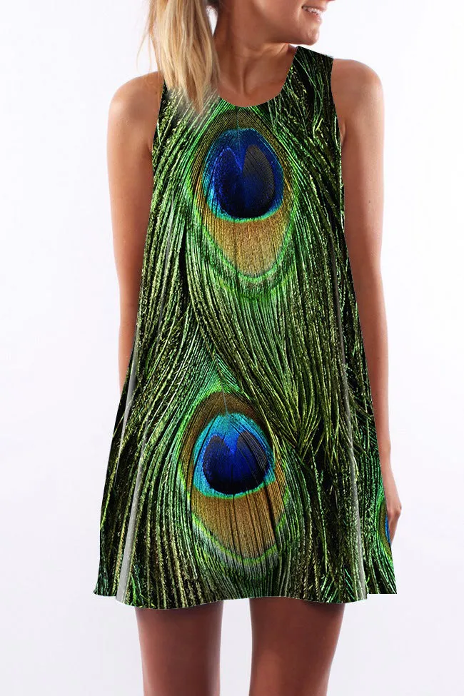 Peacock Feather Dress, Printed Boho Summer Dress For Women