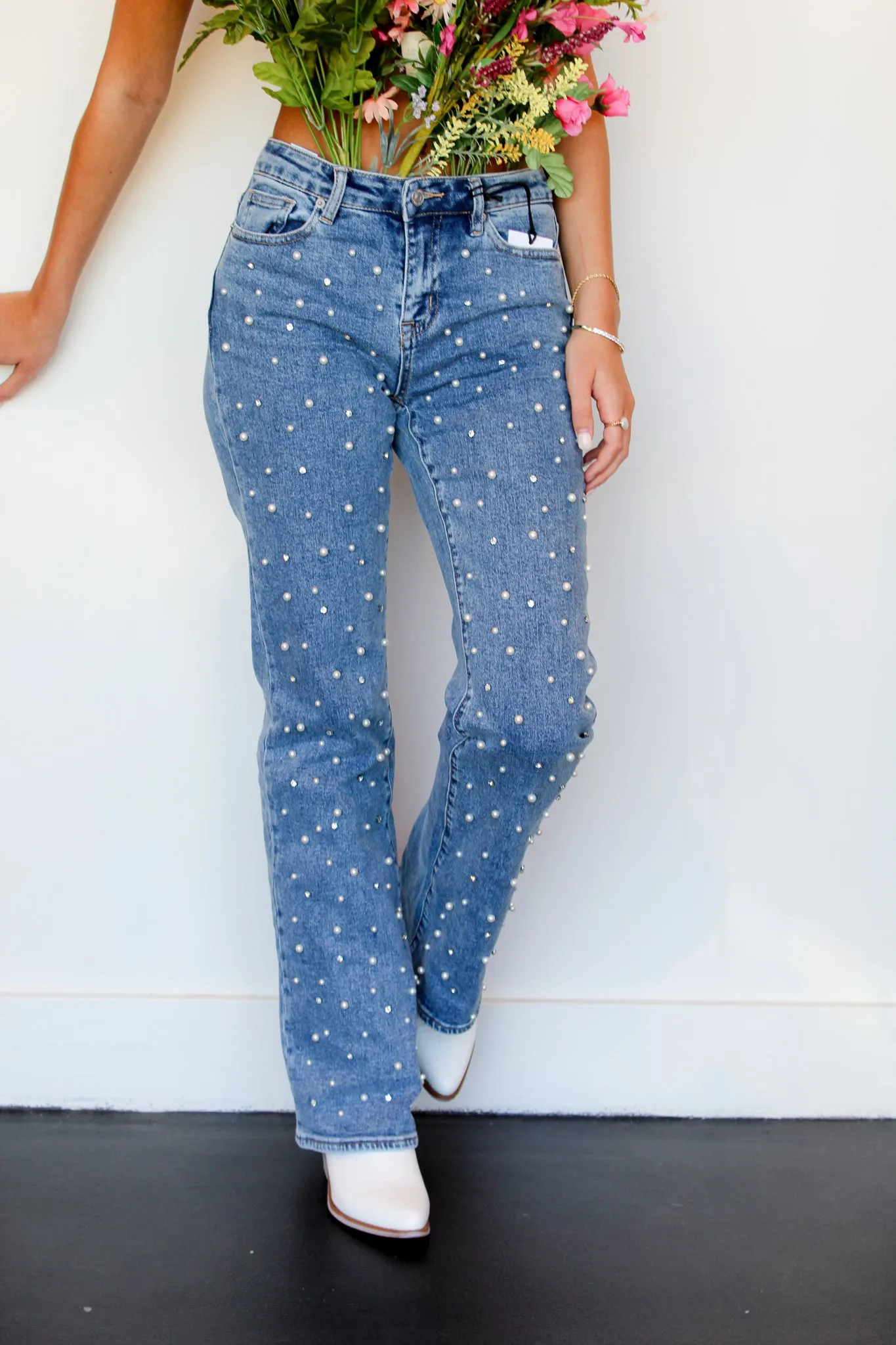 Pearl Studded Straight Leg Denim