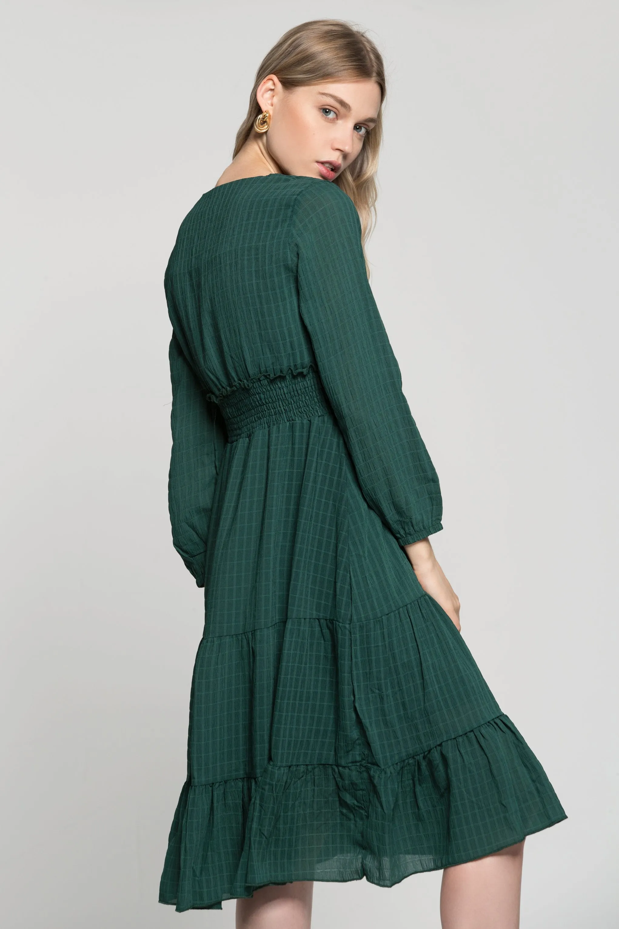 Pine Green Smocked Waist V-Neck Maxi Dress