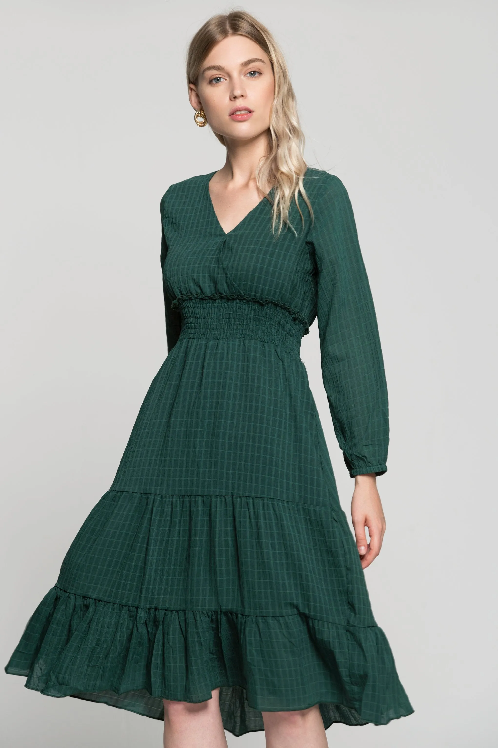 Pine Green Smocked Waist V-Neck Maxi Dress