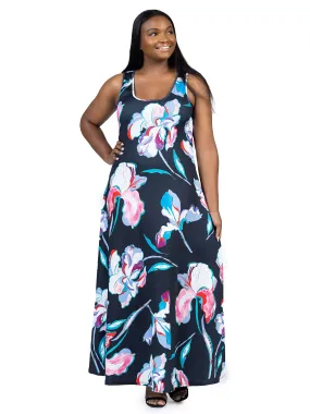 Plus Size Black Floral Print Scoop Neck A Line Sleeveless Maxi Dress