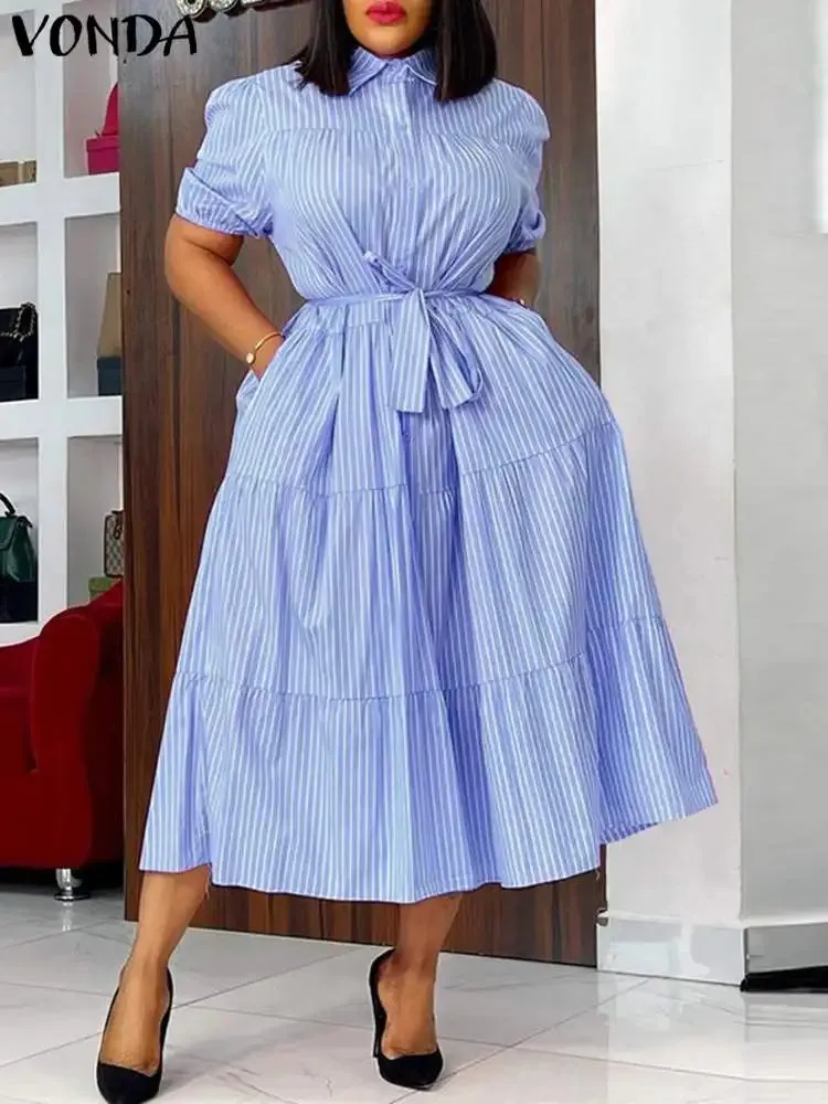 Plus Size Short Sleeve Casual Loose Stripe Belted Dress