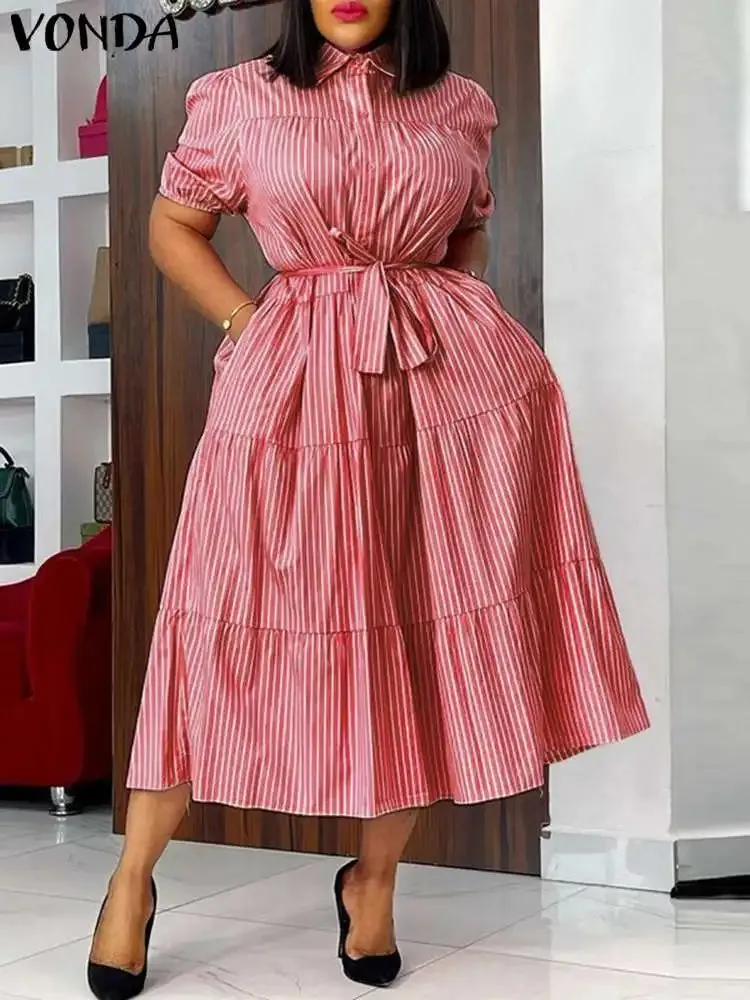 Plus Size Short Sleeve Casual Loose Stripe Belted Dress