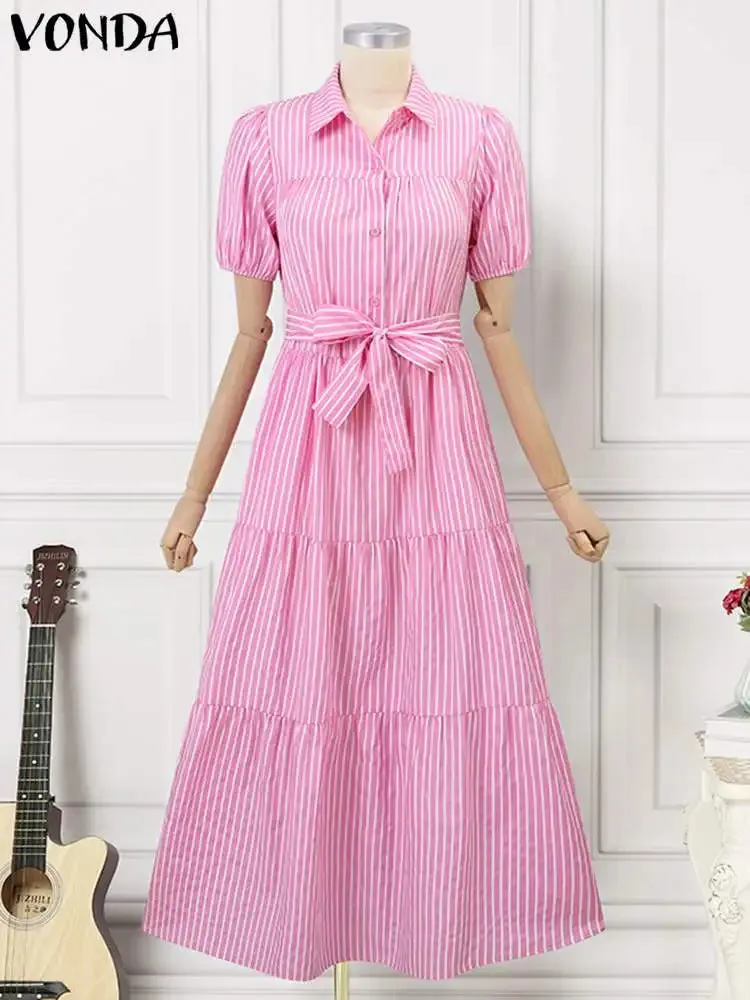 Plus Size Short Sleeve Casual Loose Stripe Belted Dress