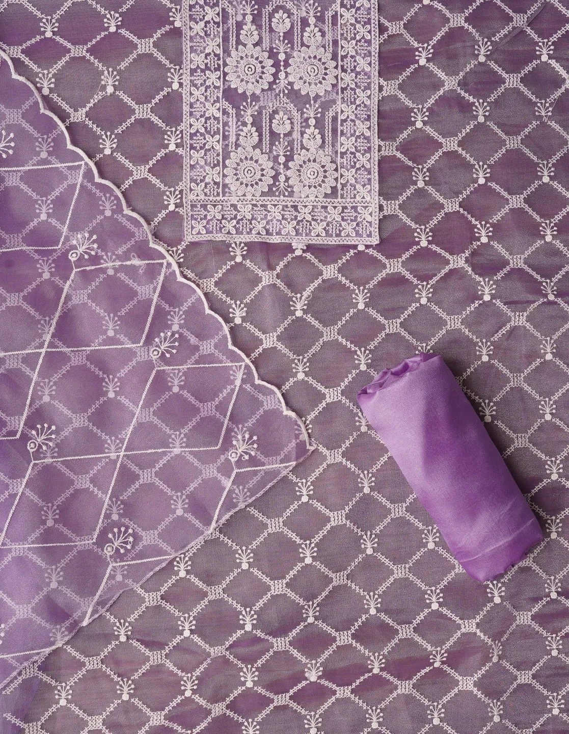 Purple Unstitched Embroidered Organza Dress Material With Dupatta