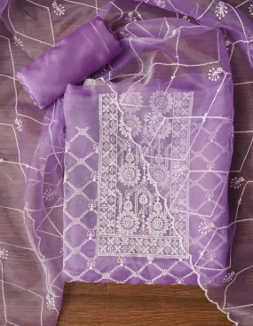 Purple Unstitched Embroidered Organza Dress Material With Dupatta