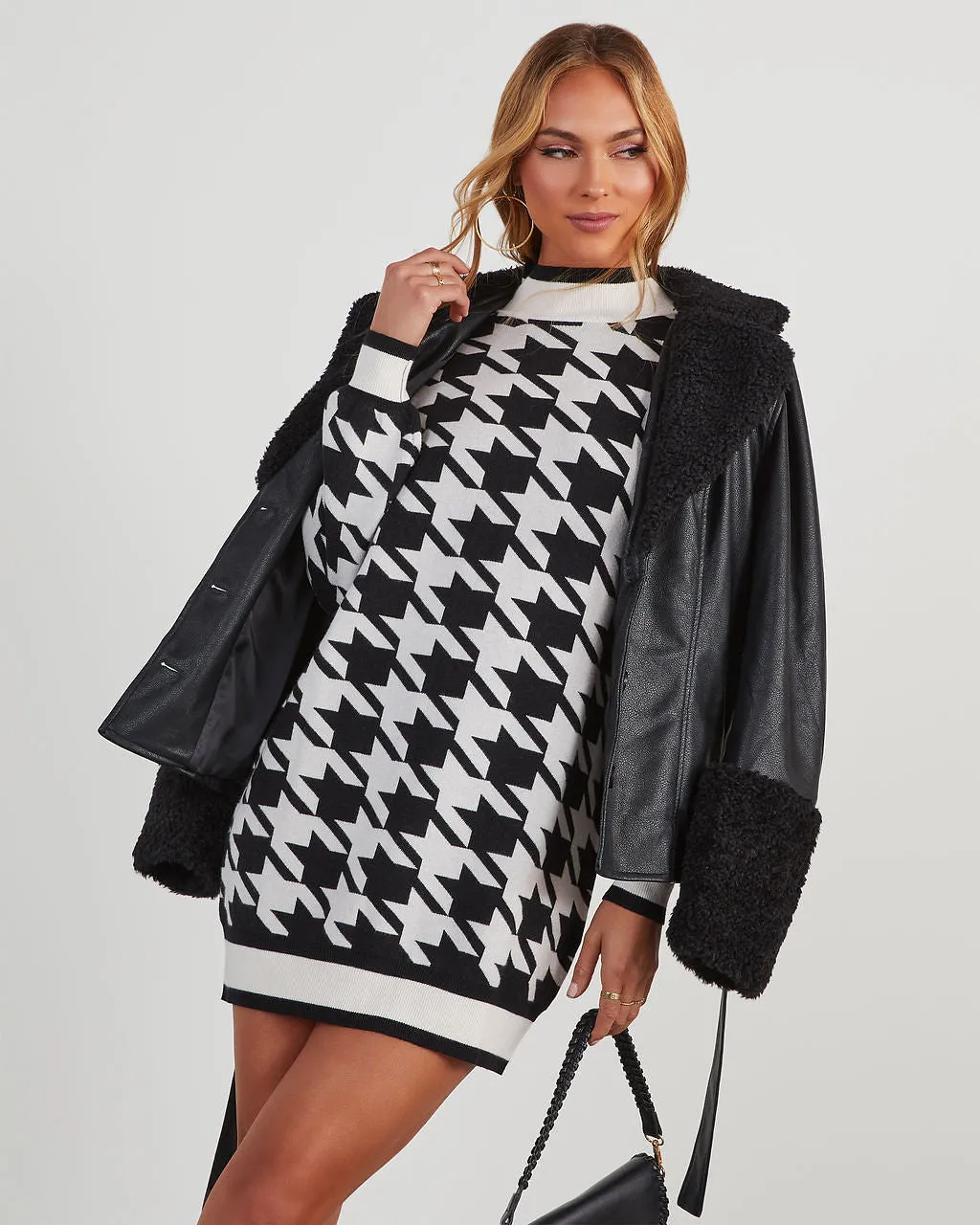 Raven Houndstooth Mini Sweater Dress