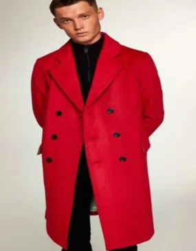 Red Overcoat For Men - Red Peacoat 100% Wool Double Breasted Style Peak Lapel Christmas Coat