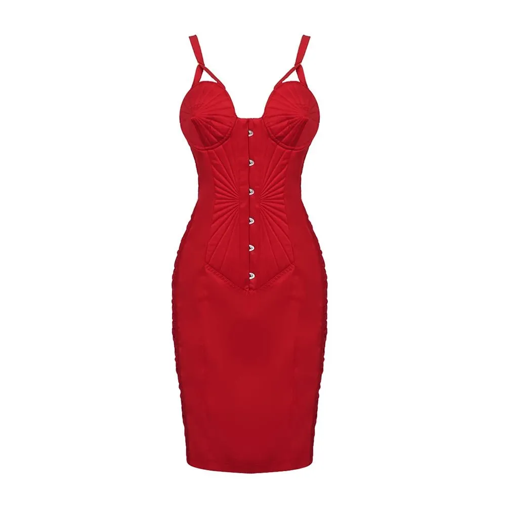 Red Satin Christmas Party Dress - Sexy Pleated Strapless Evening Outfit