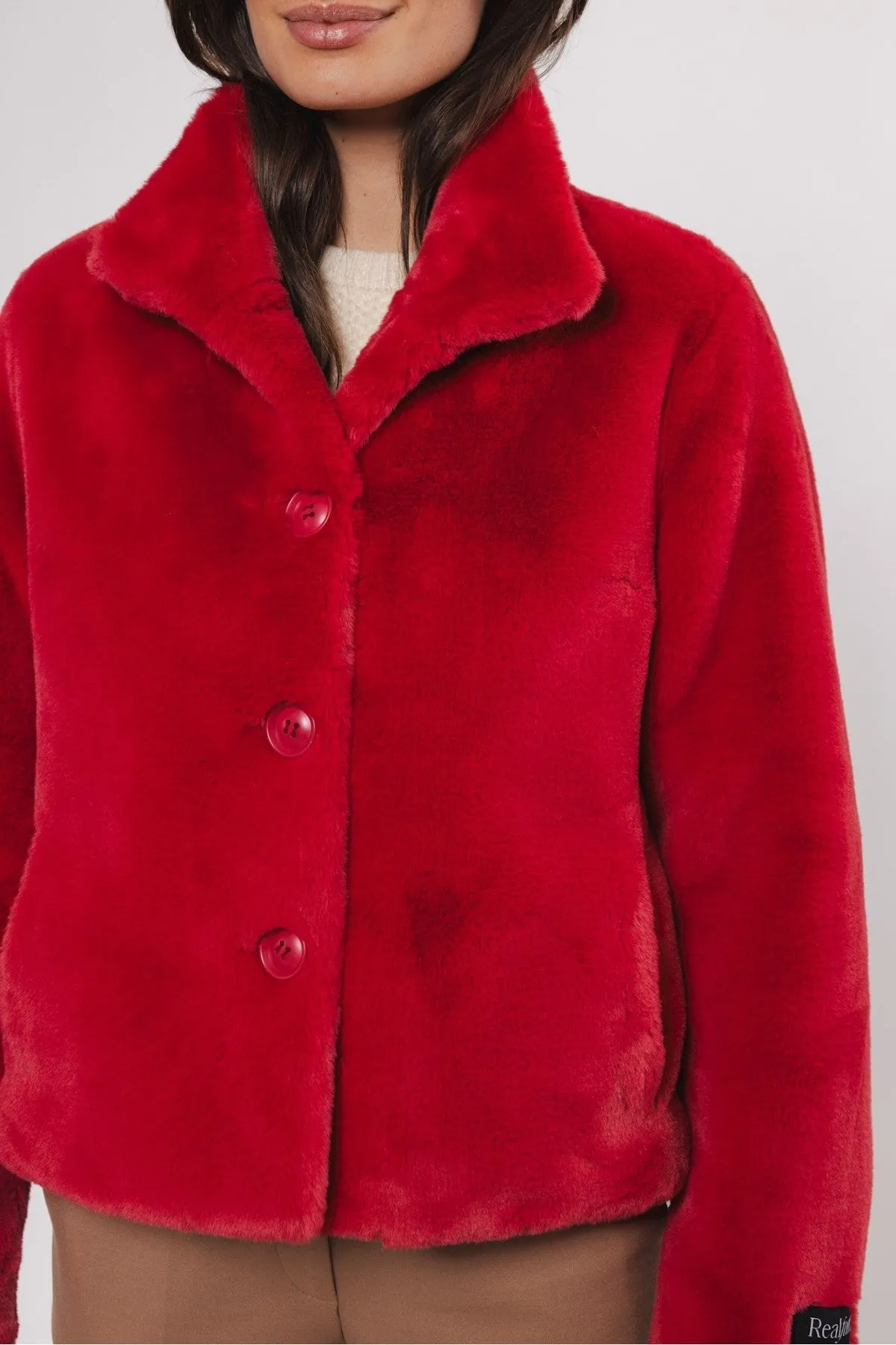 Red Single Breasted Faux Fur Jacket