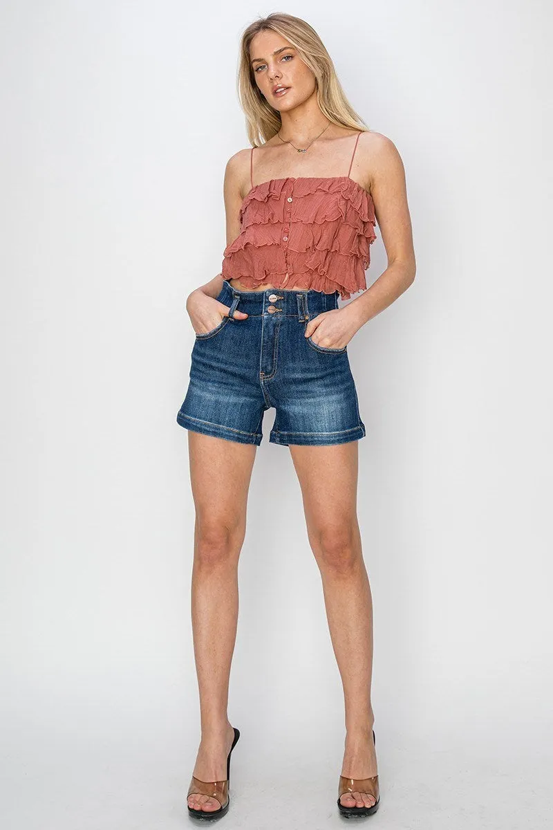 Risen Jeans - High Rise Seam Detailed Short Jeans - RDS6197