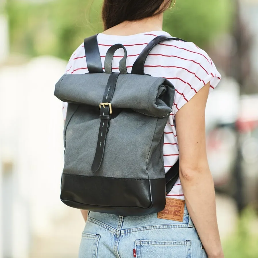 Roll-top Camo Canvas and Leather Backpack