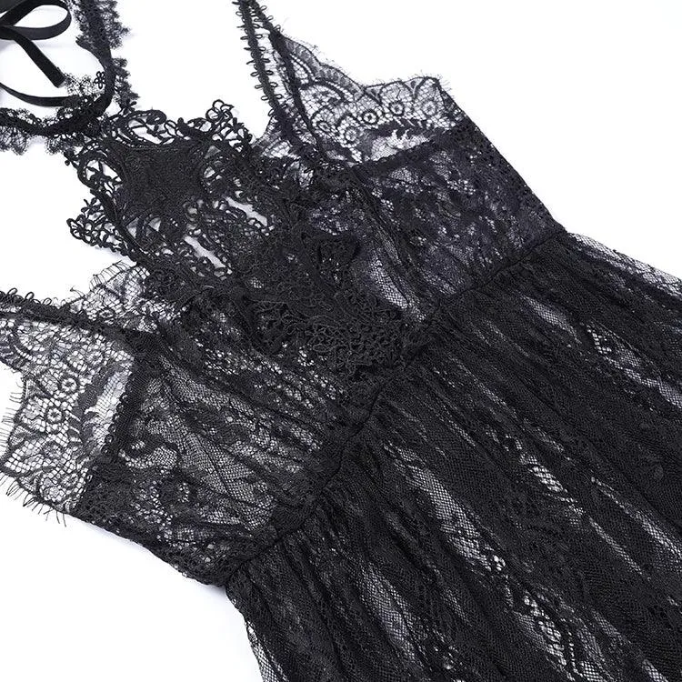 Romatic Gothic Black Lace Dress, Sexy See Through Long Partywear For Women