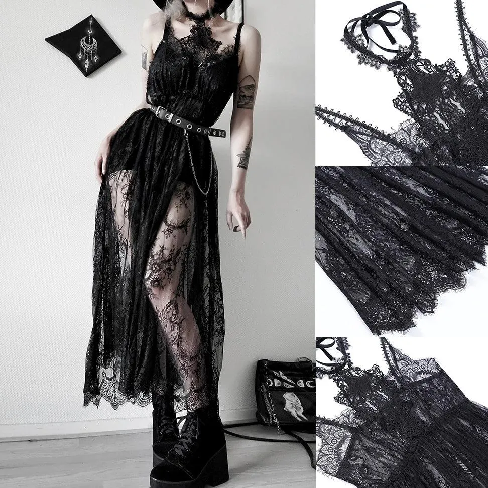 Romatic Gothic Black Lace Dress, Sexy See Through Long Partywear For Women