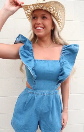 Ruffle Shoulder Denim Romper