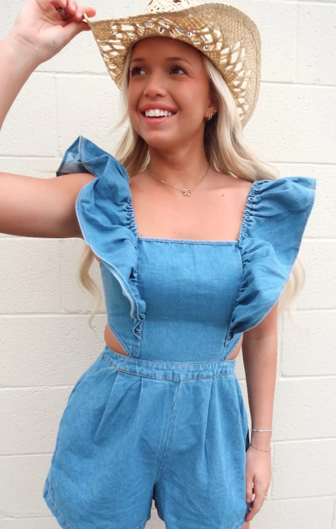 Ruffle Shoulder Denim Romper