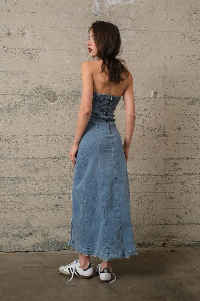 Ruffle Tube Strapless Denim Maxi Dress