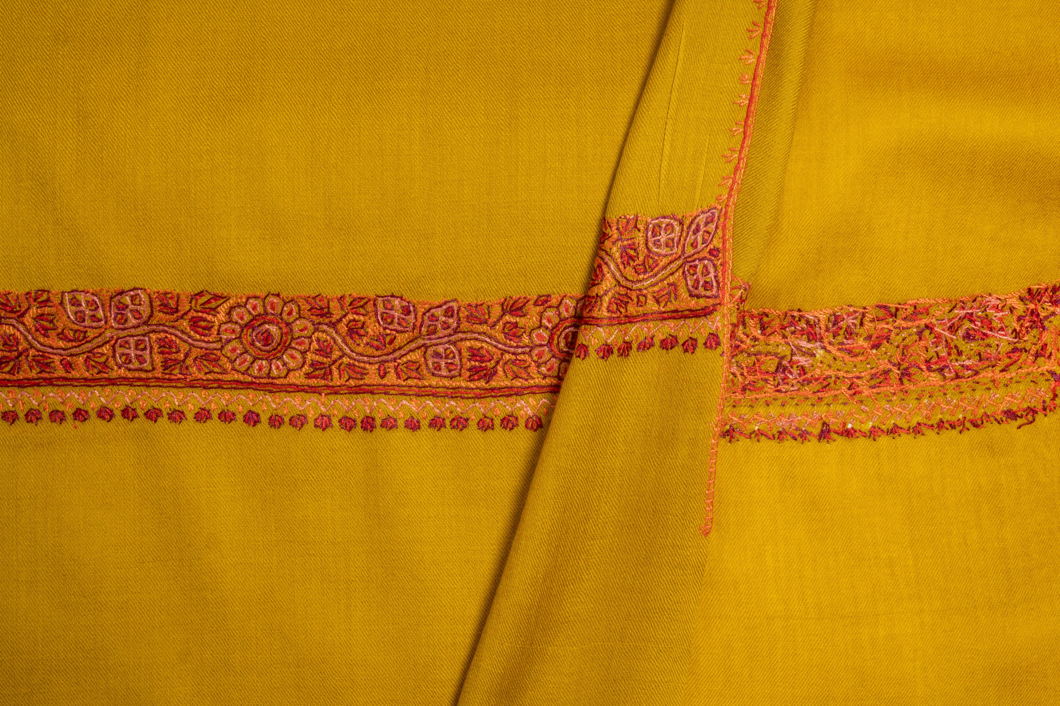 Saffron Gold Hand Embroidered Merino Wool Sozni Scarf