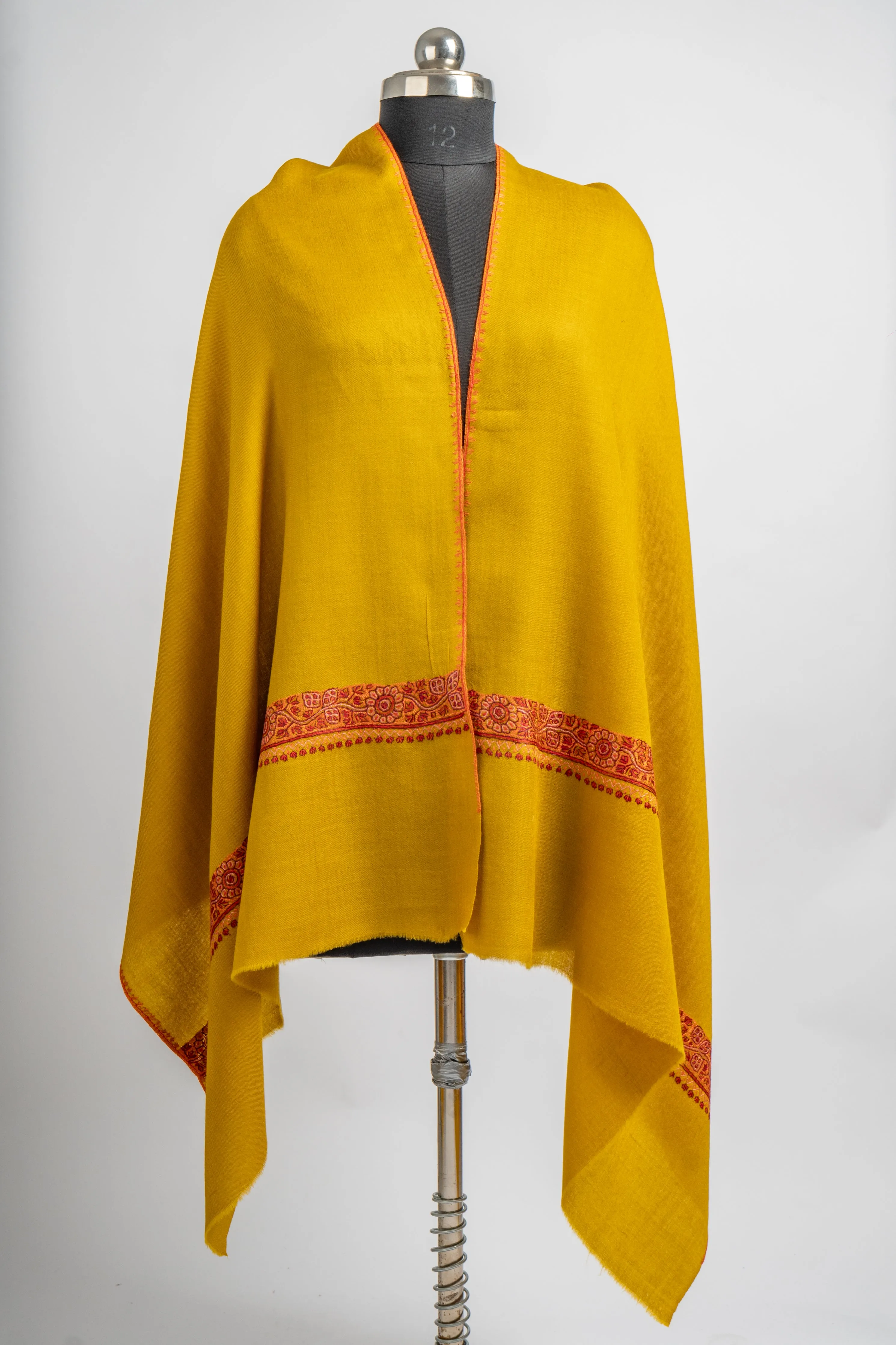 Saffron Gold Hand Embroidered Merino Wool Sozni Scarf