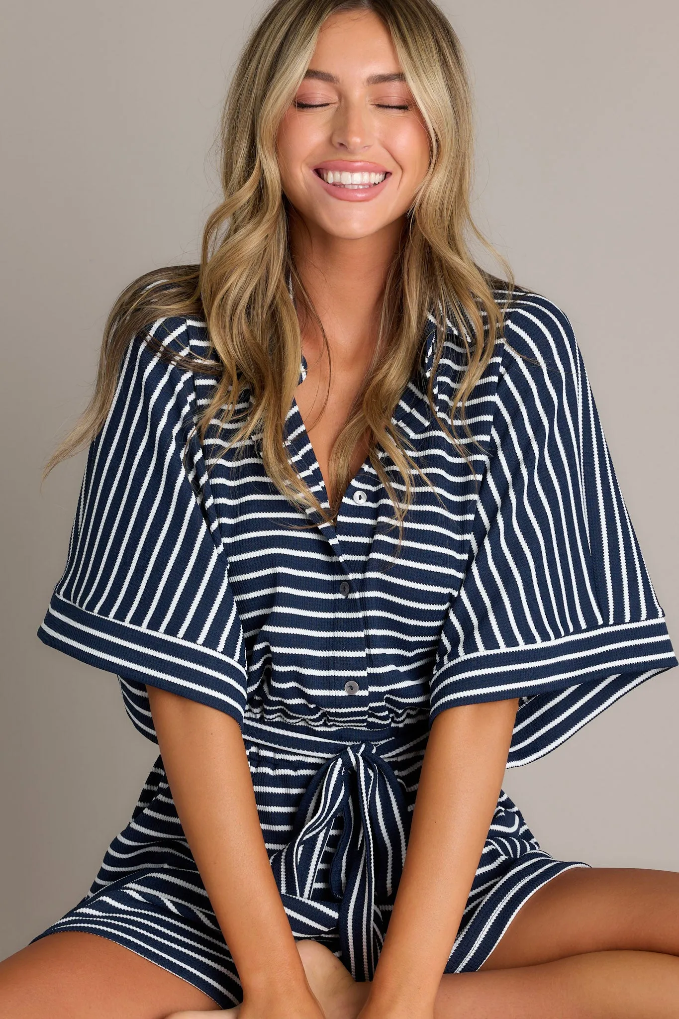 Sailor Chic Navy Stripe Waffle Knit Romper