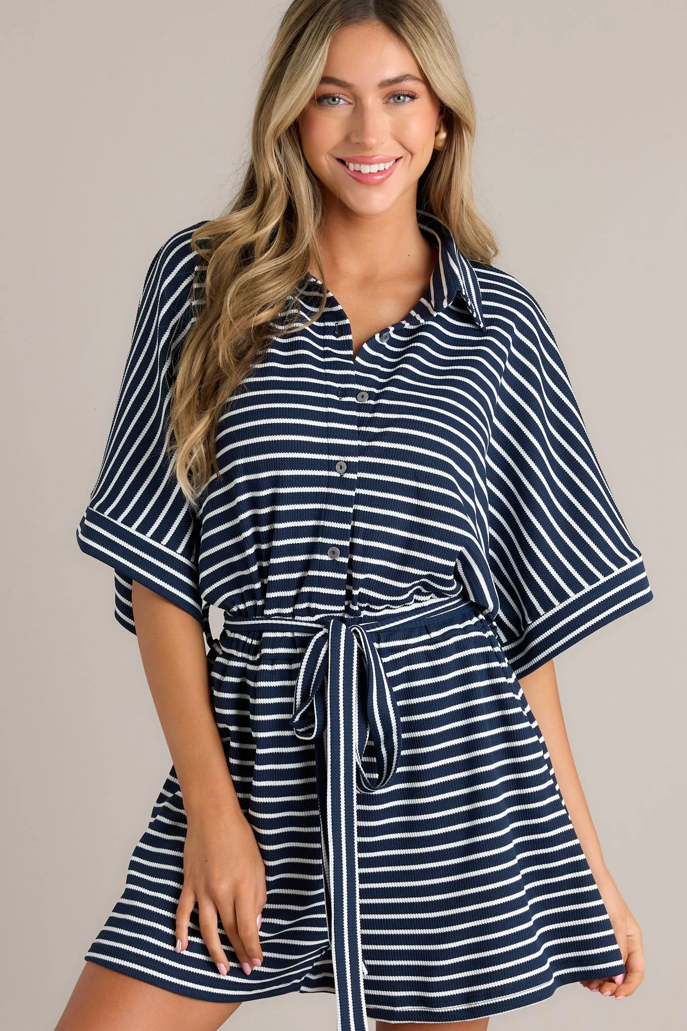 Sailor Chic Navy Stripe Waffle Knit Romper