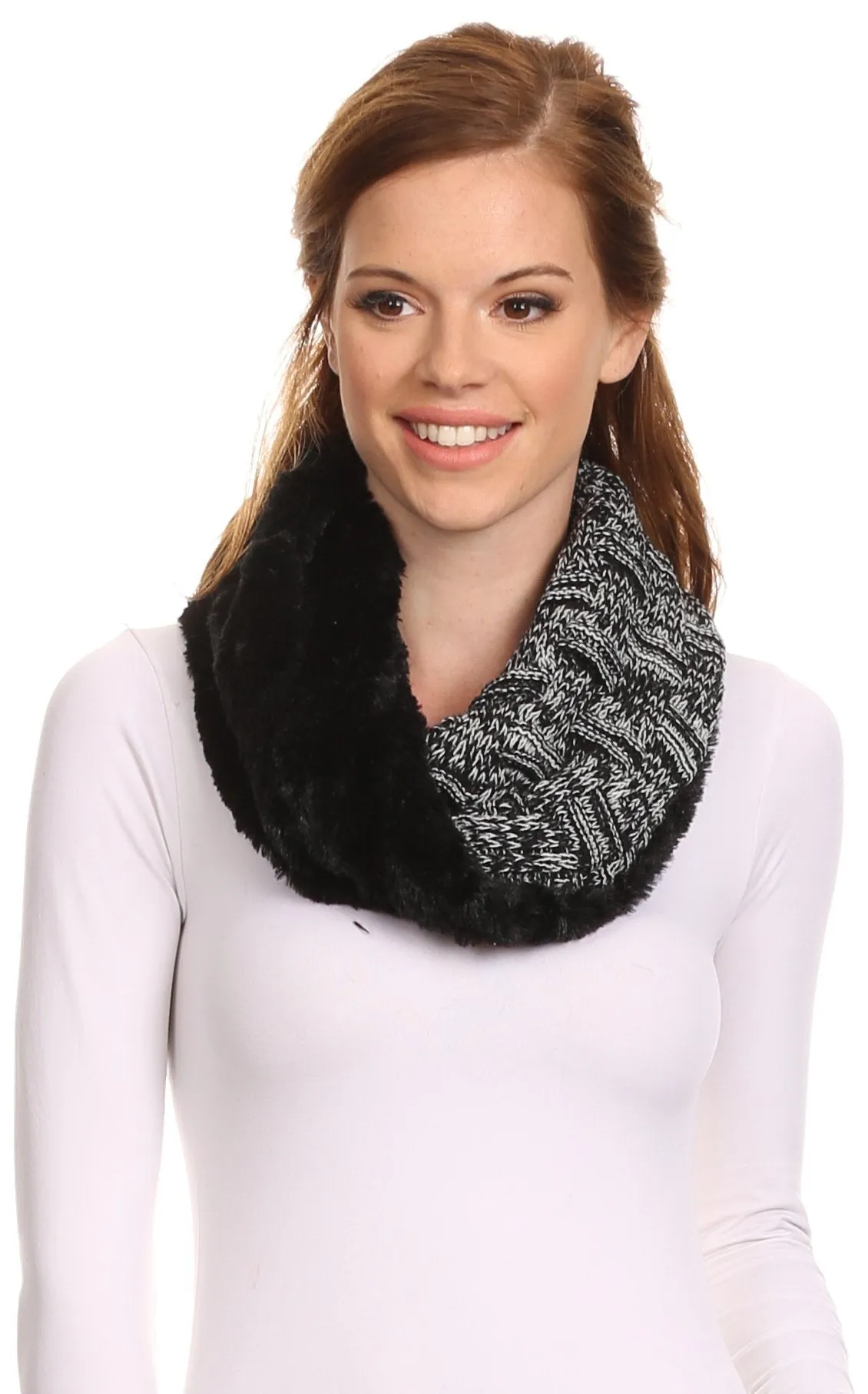 Sakkas Dalien Short Length Two Sided Faux Fur Ribbed Cable Knit Infinity Scarf