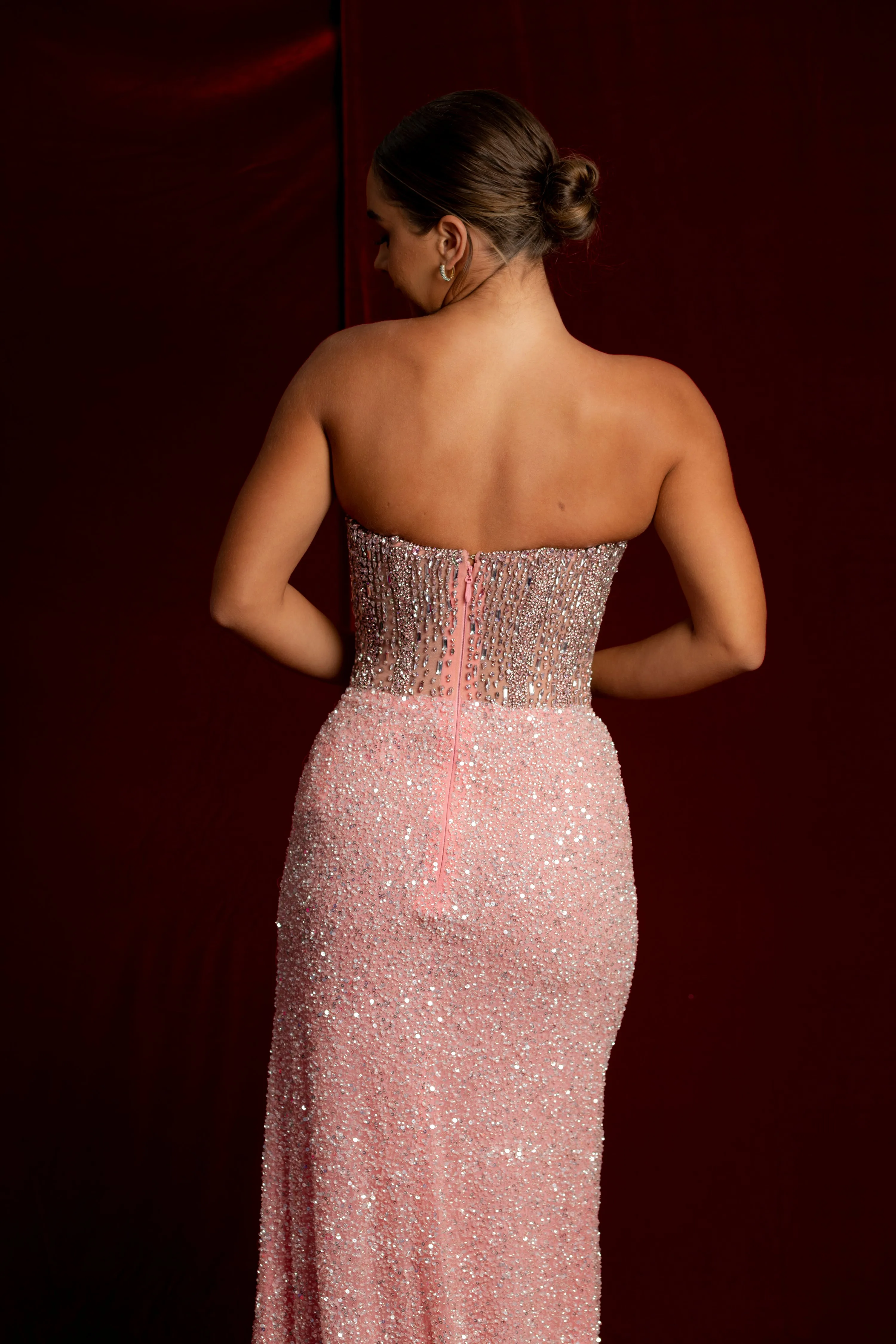 Sequin and beaded mesh corset top baby pink sparkly dress