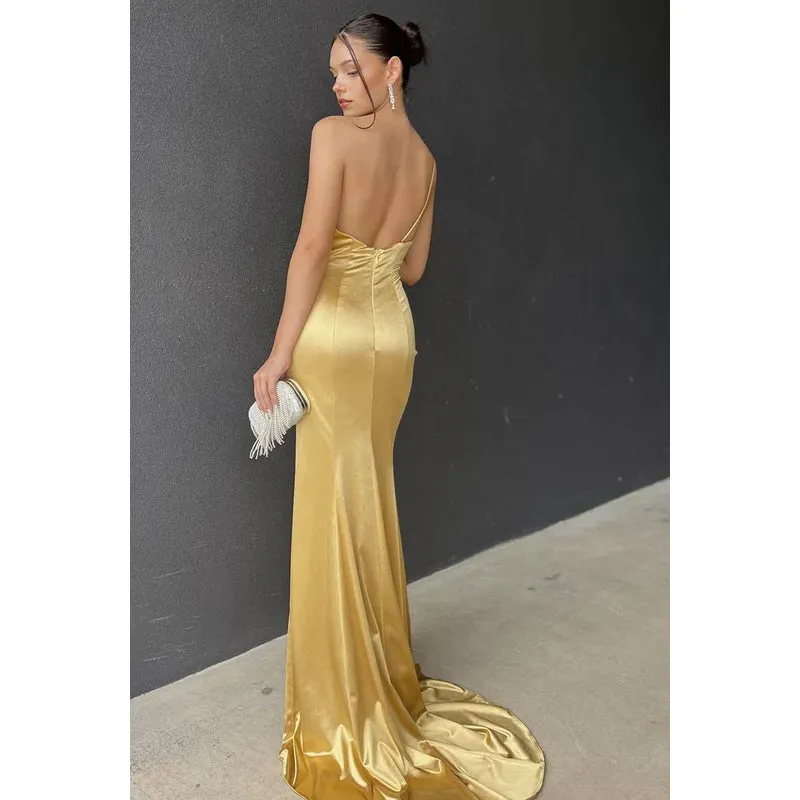 Sheath/Column One Shoulder Satin Pleats Backless Sleeveless Evening Dress