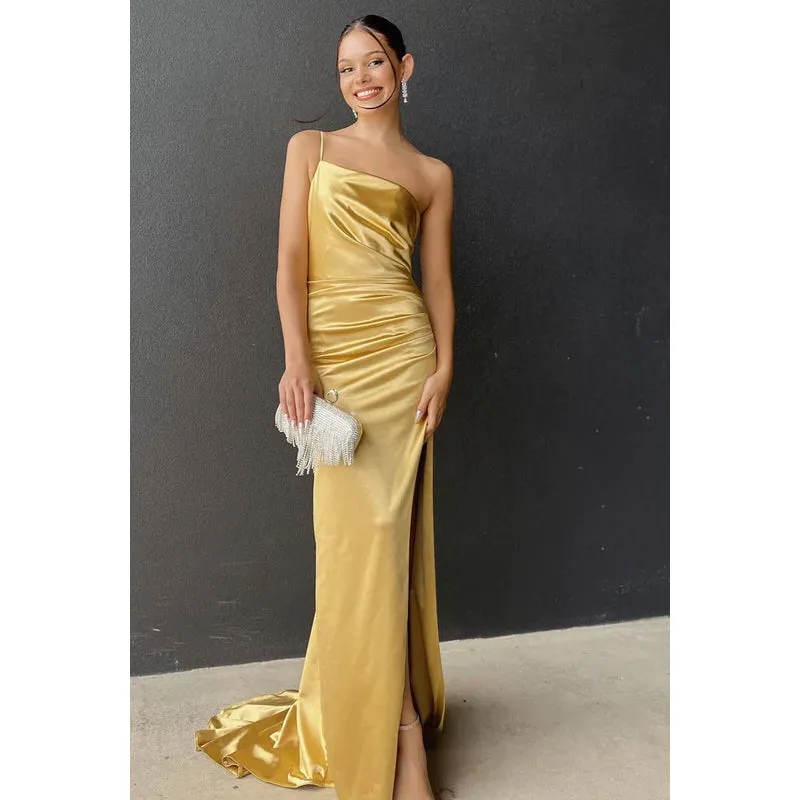 Sheath/Column One Shoulder Satin Pleats Backless Sleeveless Evening Dress