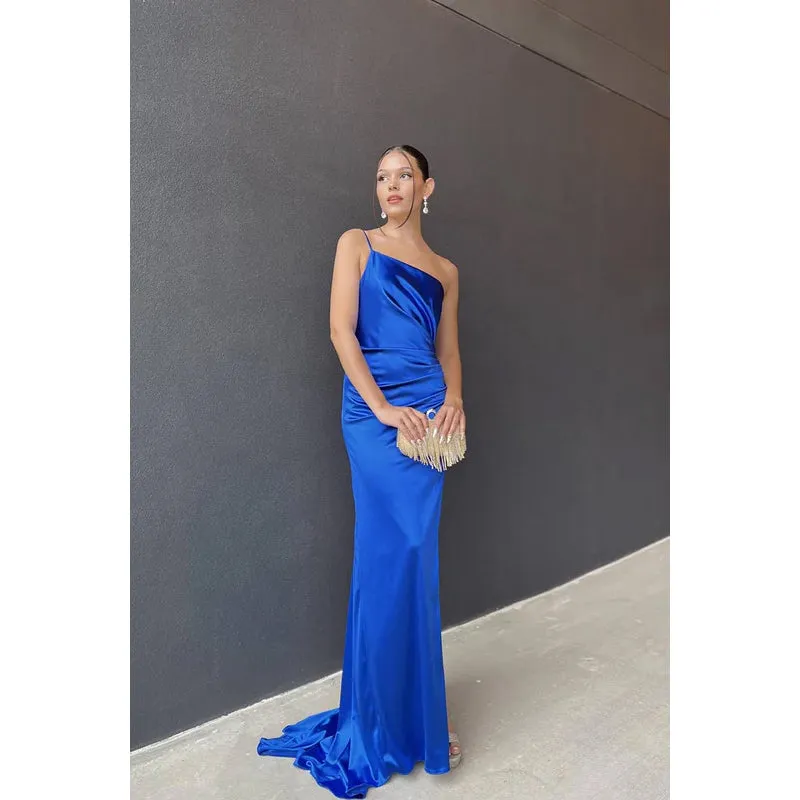 Sheath/Column One Shoulder Satin Pleats Backless Sleeveless Evening Dress