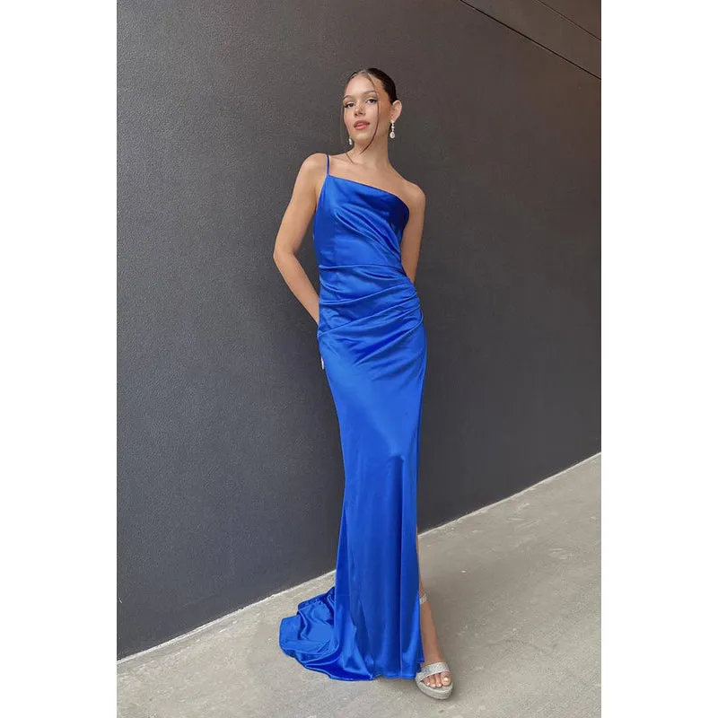 Sheath/Column One Shoulder Satin Pleats Backless Sleeveless Evening Dress