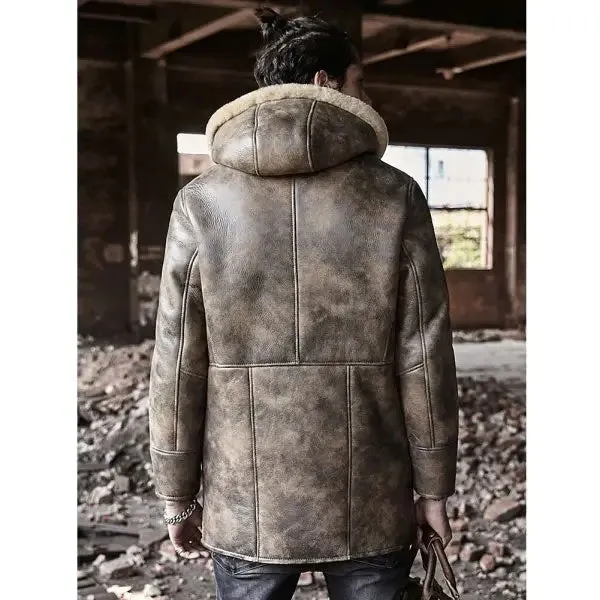 Sheepskin Coat Long Leather Jacket Hooded Fur Coat Mens Winter Coat