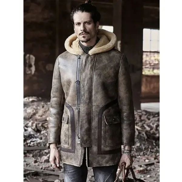 Sheepskin Coat Long Leather Jacket Hooded Fur Coat Mens Winter Coat